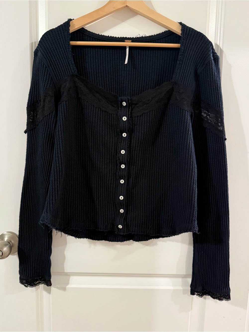 Free People Black Cotton Waffle Knit Lace-Trim Button-Front Whimsigoth Top XL